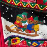 Vintage 90s Ugly Christmas sweater cardigan sledding teddy bears Americana bold Red Size L Photo 2