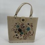 Vintage 60s Jewel Tone Wood Tote Handbag Collins Style Purse Floral Bucket Tan Photo 0