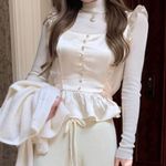 Japanese Kawaii Style Ivory Silky Ruffle Buttoned Pelpum Tank Top Blouse Photo 7