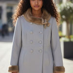 Anthropologie Grey French Girl Pea Coat With Satin & Faux Fur Trim Size 8 Photo 0