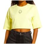 BP  NEW Women's Yellow Smiley Face Fleece Cropped Short Sleeve Sweatshirt Sz S Photo 0