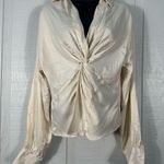 Topshop  Knot Front Ivory  Satin Long Sleeve V Neck Top Size 4 NWT Photo 2