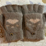 Taupe and Pink Cozy Fingerless Gloves with Paw Print Photo 0