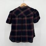 Cloth & Stone  Sunset Plaid Top Textured Henley Shirt Puff Sleeve Small Black Red Photo 5