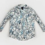 Tahari  100% Linen Tropical Bird Shirt Blue Button Roll Tab Sleeve Womens Size M Photo 0