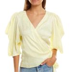 NWT Krisa Puff Sleeve Wrap Top Daisy Yellow Snake Print V Neck Size Medium Photo 0