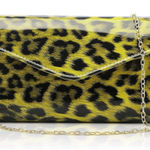 LABAIR Yellow Leopard Print Patent Leather Clutch Bag Purse with Chain Photo 0