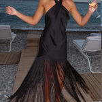 Show Me Your Mumu NEW NWOT  Jasmine Fringe Halter Maxi Dress Black Luxe Satin Photo 0