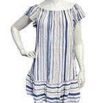 Eight Sixty Women's Off Shoulder White Blue Striped Ruffle hem Shirred Dress Photo 0