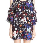 Parker  100% Silk Floral Cold Shoulder Tiered Sleeves Mini Dress Black Blue Small Photo 3