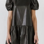 English Factory  Black Faux Leather Puff Sleeve Dress Photo 0