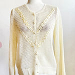 Vintage Open Knit Cardigan Cream Mesh Crochet Ribbon Trim 70s 80s Large Photo 0