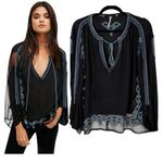 Free People Eden Sheer Black Blue Embroidered Flowy Long Sleeve Blouse Small Photo 1