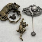 Vintage JJ Lot of (3) Silver Tone Cat Kitty Pin Brooch Cat With Fish Tank Yarn Photo 0