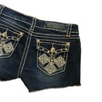 LA Idol Dark Wash Raw Hem Mid Rise Denim Shorts Bling Rhinestone Cross Size M Blue Size M Photo 6