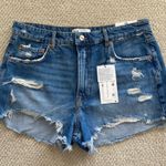ZARA  The High Waist Short Blue Denim Jean Shorts Size 12 / 44 Distressed NWT Photo 0