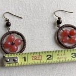 Vintage Red Agate/Wood Western Aztec Dangle Flower Round Earrings Wire Wrapped Pink Photo 6