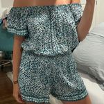Poupette St. Barth  Green and White Off-Shoulder Romper Photo 1