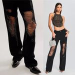 Retrofête Retrofete Black Cotton Embellished Rhinestone Drape Marlowe Straight Jean 29 Photo 1