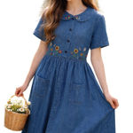 Vtg Womens 90s Denim Midi Dress Embroidered Peter Pan Collar Button Sz M Cottage Blue Size M Photo 0