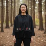 VTG 90s Y2K Onque Black Full Zip Jacket Embroidered Cabin & Fall Leaves Sz Large Photo 3