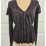 ZARA black plisse ruffle top Sz M Keyhole Neck Long Sleeve Elastic Waist Photo 0