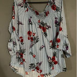 New York Laundry  Blue Red Floral Print Bell 3/4 Sleeve Scoop Neck Top 1X Photo 0