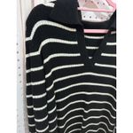 Striped Knit Collared V Neck Midi Sweater Dress Black White Long Sleeve Size L Photo 3