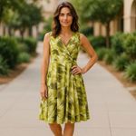 Ann Taylor  Olive Lime Green Abstract Pattern V-neck Midi Dress Small 6 Photo 1