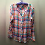 Talbots Soft Crinkle Gauze Sunkissed Check Plaid Button Up Shirt Womens size L Photo 1