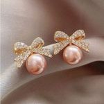 Gold and Peach Bow Pearl Earrings Pink Photo 2