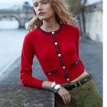 J.Crew NWT Cashmere Sweater Lady Jacket in Cardinal Red Navy Contrast Trim S Photo 2