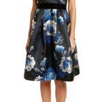 Eliza J Black Blue Floral Jacquard Crisscross Halter Fit Flare Belted Dress sz 6 Photo 3