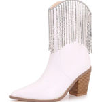 Berness Cow Girl Boots Size 5.5 Pointed Toe Block Heel Rhinestone Fringe White Photo 0