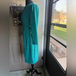 Vintage 80s Henry Lee teal floral monochrome fitted long sleeve dress, size 6 Blue Photo 6
