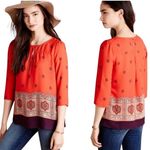 Anthropologie  Maeve Rila Border Orange Purple Blouse Sz 4 3/4 Sleeve Boho Photo 1
