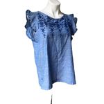 The Loft  Blue Ruffle Shoulder Embroidery Yoke Shell, Sz M Photo 4