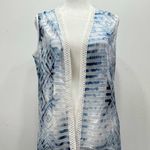 Chico's Chico’s Blue & Cream Sheer Crochet Lace Trim Open Front Lightweight Vest Sz 1/M Photo 2