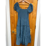 Moon River Smocked Midi Dress Blue Polka Dot Puff Sleeve Cottagecore S flaw Photo 4