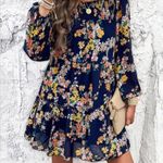 NEW Boho Navy and Floral Shirred Bodice Long Sleeve Ruffle Skirt Mini Dress Blue Size M Photo 3