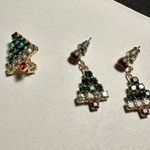 Rhinestone Christmas Tree Pierced Earrings & Brooch Pin Matching Set Gold Tone Photo 0