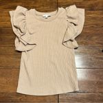 MIOU MUSE Ribbed Ruffle Sleeve Top Tan Photo 3
