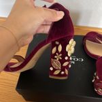JEWEL BADGLEY MISCHKA VELVET BLOCK HEEL Wine Gold embellishment flower Size 6 Photo 5