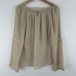 MILANO Vintage 90s Creme Beige Coquette Lace Wide Sleeve Semi Sheer Flowy Blouse Tan Size M Photo 7