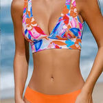 Cupshe ‎ Bikini Swimsuit Set Floral Print Orange Lace Up Back Womens Small S Photo 0