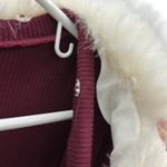 Romwe Faux Fur Removable Collar Burgundy Ribbed Knit Tie Front Bell Sleeve Cardigan M Photo 8