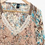 BKE  Boutique Floral Lace V-Neck Tan Blue Blouse Photo 1