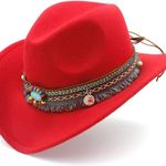 Red‎ Western Cowboy, Cowgirl Hat, Bead Tassle Strap, Men Women Retro Wide Brim Red Photo 1