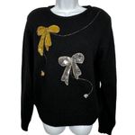 Vintage 80s Womens Sweater Christmas Palm Springs Yacht Club Sequin Bows Black Size M Photo 2