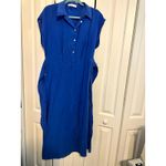 Mango MNG  Women's Blue Midi‎ Dress with Belt Cap Sleeves Size L Photo 2